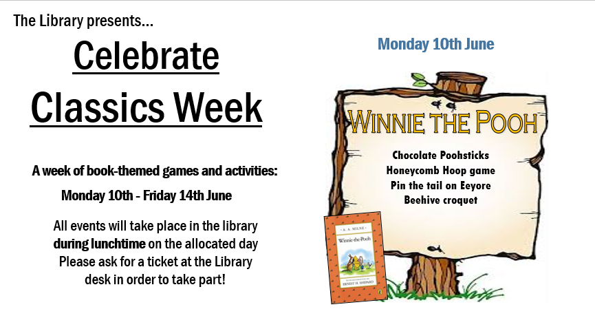 FairfaxSchool's tweet photo. LIBRARY NEWS! Join us for 'Classics Week' 10th to 14th June. 
#fairfaxlibrary
#excellence https://t.co/ych4DiljYk