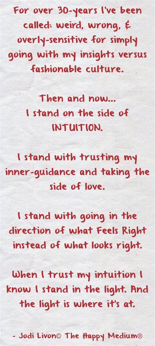 JodiLivon's tweet photo. I stand with my intuition. Do you stand with yours? #quotes #beingme #uniqueisgood #thehappymedium #intuition #everyoneisintuitive https://t.co/9zeWmsDYWr