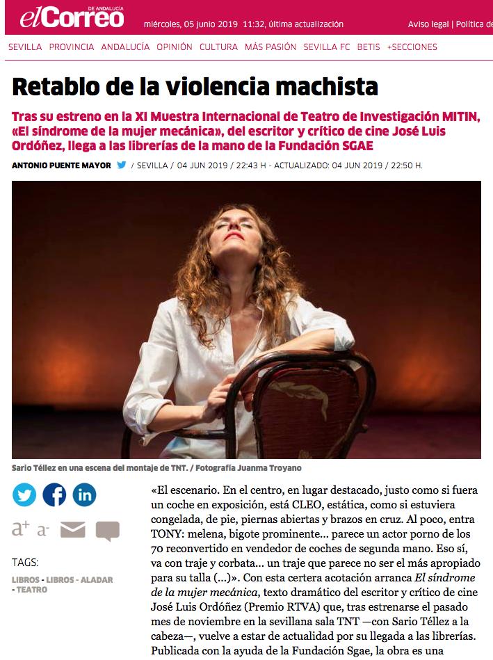 jlordonez237's tweet photo. Muchas gracias a @PuenteMayor por el artículo sobre mi libro #Elsíndromedelamujermecánica @elCorreoWeb, que presentamos el jueves en el Centro de Documentación de las Artes Escénicas de Andalucía #CDAEA. Allí estaré para hablar de #teatro con #SarioTéllez https://t.co/urAY8oqeMs https://t.co/aSDDJSvgtF