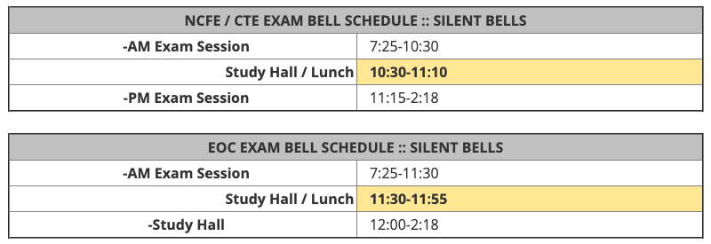 KnightdaleHS's tweet photo. Exam Bell Schedule - Wed, June 5 - SILENT BELLS - AM -> Eng 2 EOC, 2nd Per CTE, PM -> Bio, 1st Per CTE - **ONLY students who have a scheduled exam should report to school** #KHSCDAnd https://t.co/kDZjOBkXet https://t.co/DMgWFFx1EH