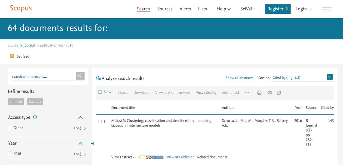 luca_scr's tweet image. According to Scopus CiteScore our paper on #mclust is the most cited in R Journal for 2016 scopus.com/results/result…
