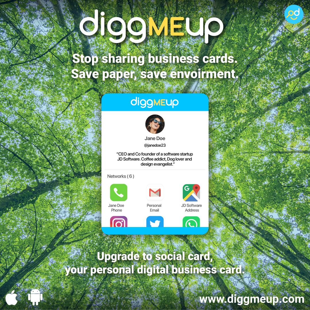 diggmeup's tweet photo. Trees 🌳 have inhabited the planet long before people existed.
Everytime you exchange business cards, trees die.
Save the environment by exchanging social cards. #BanBusinessCards #worldenvironmentday #one #savethetrees #savetheplanet #trees #nature #thinkgreen #socialcard https://t.co/aftnU70Yay