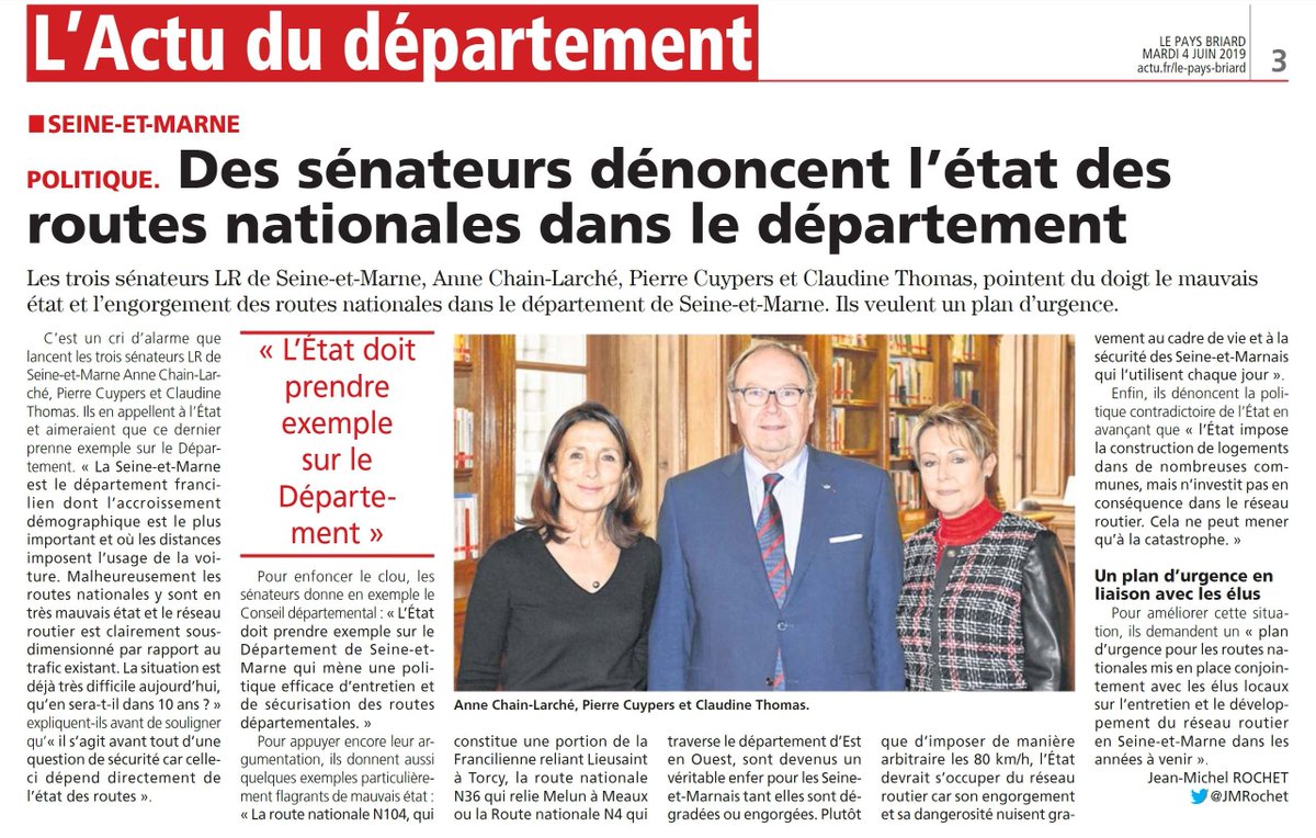 Sollicités par de nombreux élus locaux et usagers, nous avons, avec <a href="/PierreCuypers77/">Pierre Cuypers</a> et <a href="/SenatriceThomas/">Claudine Thomas</a>, écrit à la Ministre des Transports pour dénoncer l'état et la saturation des routes nationales en Seine-et-Marne et demander un plan d'urgence ! A lire dans <a href="/LePaysBriard/">Le Pays Briard</a>⬇️