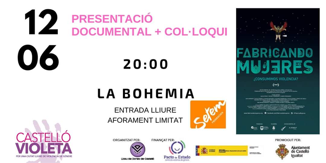 CastelloVioleta's tweet photo. El 12 de Junio a las 20:00 te esperamos en #LaBohemia #castelló en compañía de @SETEMPV para ver el documental #fabricandomujeres https://t.co/0J4ejBhntU #castellóvioleta @apunt_media @TVCS_ @csinformacion @ximogorriz @GuiaTcastellon @anasmartmolto @cincinnova https://t.co/fHw7HgMAMo