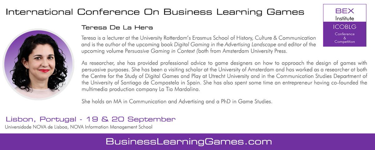 BizLearningGame's tweet photo. The presenters for The 2019 International Conference on Business Learning Games include Teresa De La Hera (@teresadelahera).

Tickets for #ICOBLG are available here: https://t.co/6Aqv8UP3Md …

#iblgc2019 #seriousgames #GamesBasedLearning #HR #Training https://t.co/QB9aL9VvI9