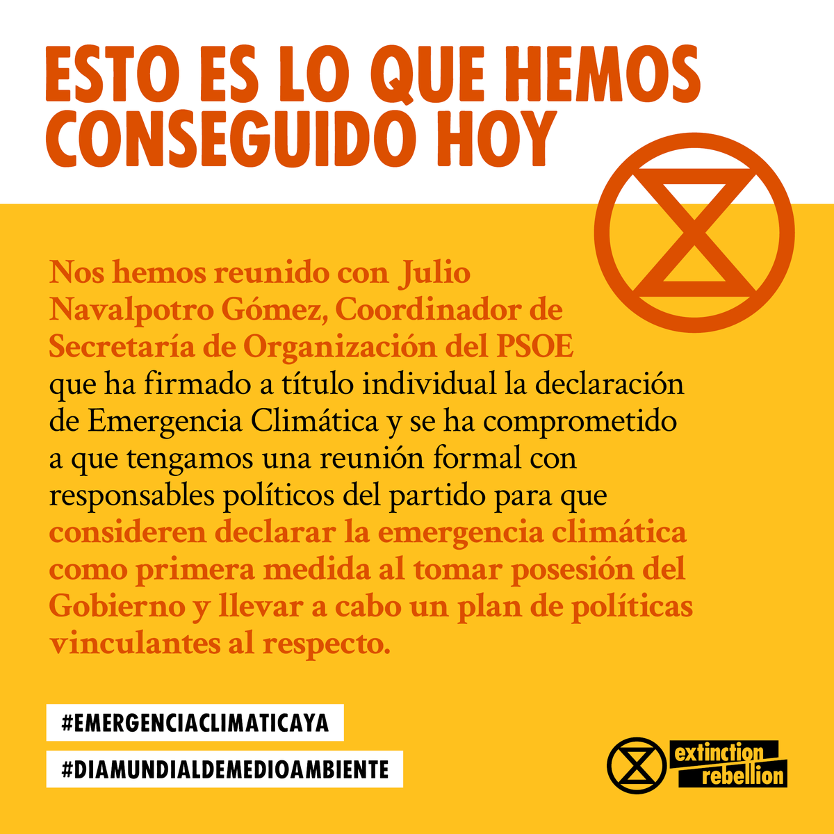 Hemos conseguido que el <a href="/psoe/">PSOE</a> nos quiera escuchar. Tendremos una reunión formal con ellos para conseguir que la declaracion de #emergenciaclimaticaya sea la primera medida que tome el próximo gobierno. #diamundialdelmedioambiente