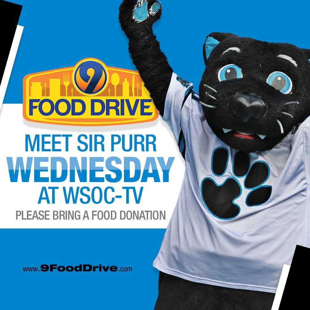 kmondayWSOC9's tweet photo. Today is our #9FoodDrive at our studio at 1901 N Tryon Street in Charlotte. Stop by and help your neighbors with a donation. We'll be out there from 10a-7 pm. Plus, @SirPurr will make an appearance later this afternoon to help out! More info is at https://t.co/WOjjIH6aCd https://t.co/1aH2SlDJHc