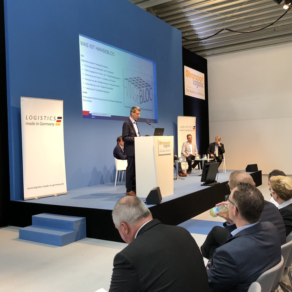 skypooling's tweet photo. #Hansebloc explains #smartcontracts and #smartoracles to creat #blockchain-based supply chain mgmt for the #cargo industry at the #TransportLogistic2019 https://t.co/G9UjR6kcj5