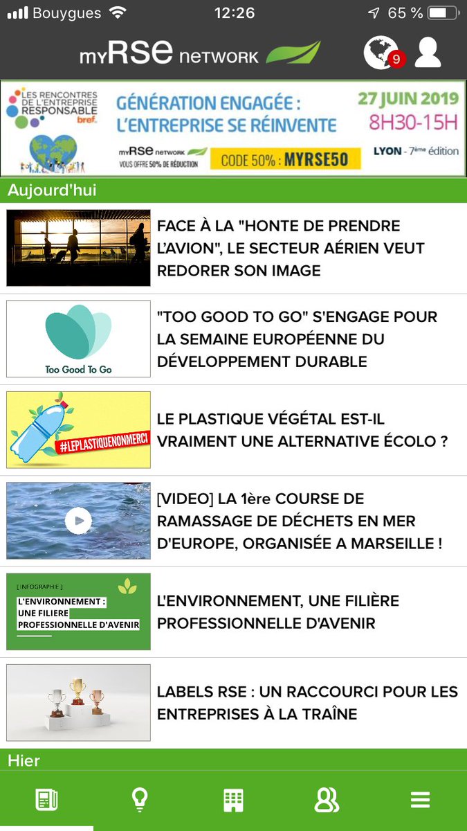 myRSE_Network's tweet image. Aujourd'hui, @myRSE_Network vous parle de la #SemaineDuDeveloppementDurable : la filière de l'environnement pour les métiers d'avenir, course de ramassage de déchets en mer, le plastique végétal, le secteur aérien qui commence à réagir,... Belle journée à tous !
