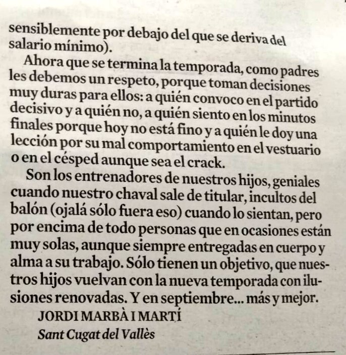phcsantcugat's tweet photo. Us deixem un molt bon article de @LaVanguardia , de Jordi Marbà i Martí, "Los entrenadores de nuestros hijos".

De lectura OBLIGATÒRIA per a tots aquells pares que els seus fills practiquen esport. https://t.co/cqtTjrl0dT