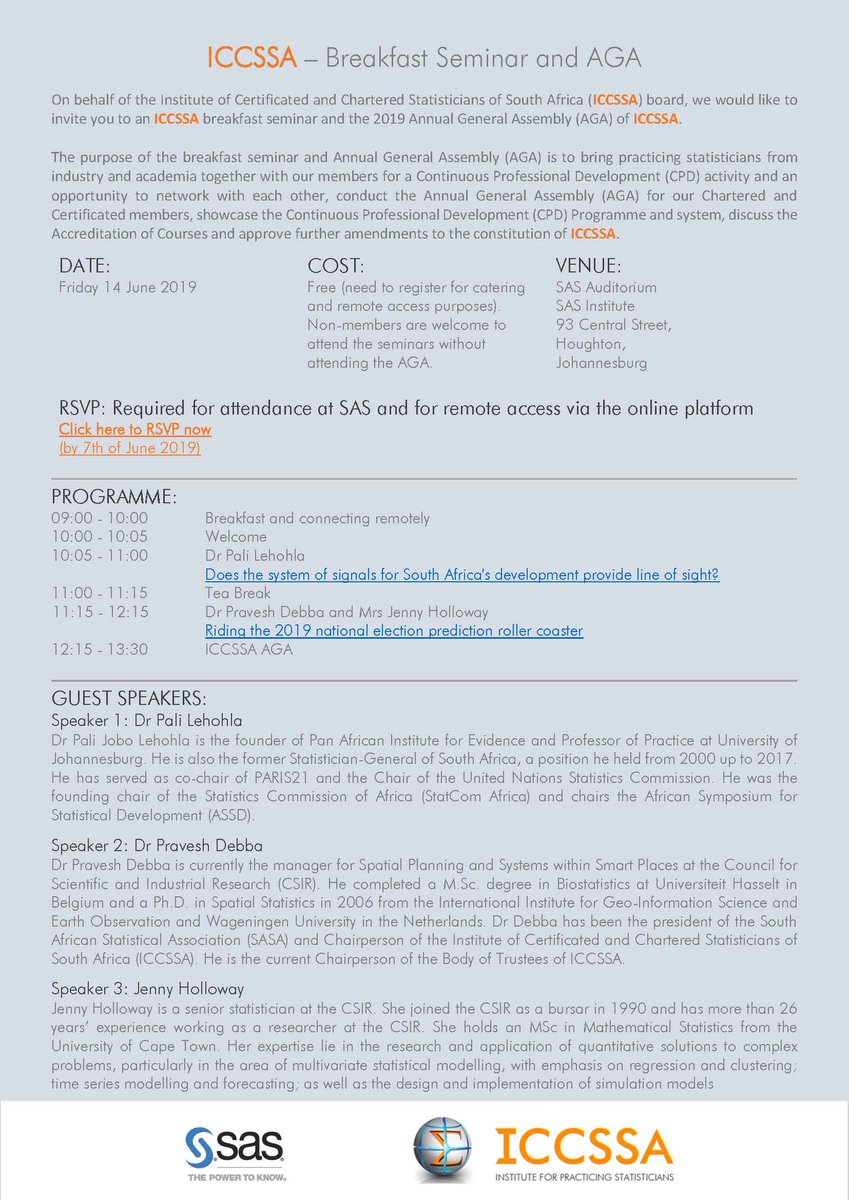 ICCSSA_'s tweet photo. Have you reserve your seat for our breakfast seminar and Annual General Assembly? Join us for a great morning on Friday 14 June at theSAS Auditorium 

Don’t miss out! #RSVP by the 7th of June:  https://t.co/77hn7Z58wG

#Statistics #ICCSSA https://t.co/S8BCoVeCqe