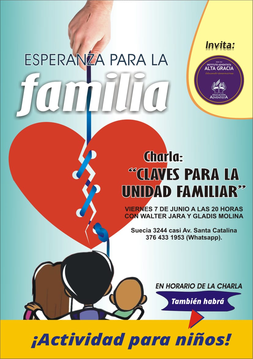 AltaGraciaIASD's tweet photo. 👋 Este viernes 07 de junio a las 20 horas, vamos a tener una charla para toda la familia 👪 y es por ello que esperamos contar con tu presencia. Habrá actividades para los niños y podrás invitar a tus amigos y vecinos.  No te pierdas esta hermosa ❤ #EsperanzaParaLaFamilia 👋🏼 https://t.co/QtZhswvDWj