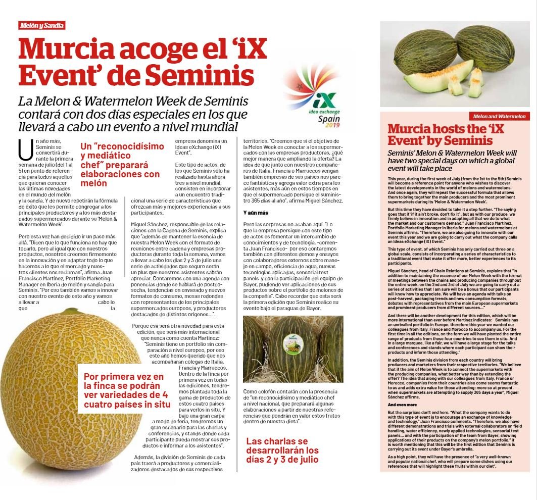 <a href="/fruittoday/">Revista Fruit Today</a> cuenta en su último número lo que estamos preparando para  #MelonWeek19:
🗓️ Días 2 y 3 de Julio
🇪🇸🇫🇷🇲🇦🇮🇹 4 países
🌱 Tecnología
🍈 Producto en campo
🎙️ Charlas
🛒 Supermercados y productores
👨‍🍳Y un invitado muy especial
¿De verdad te lo vas a perder? #iXEventSpain