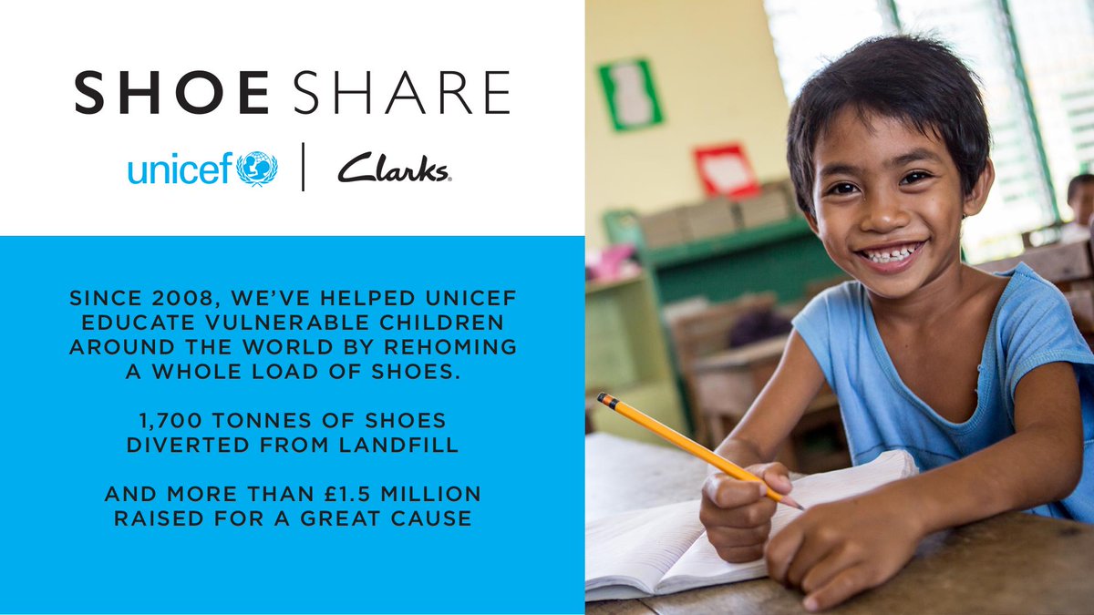 Help us to do even more. Bring your used or unwanted shoes to any UK Clarks store and we'll re home them and make a donation to Unicef.