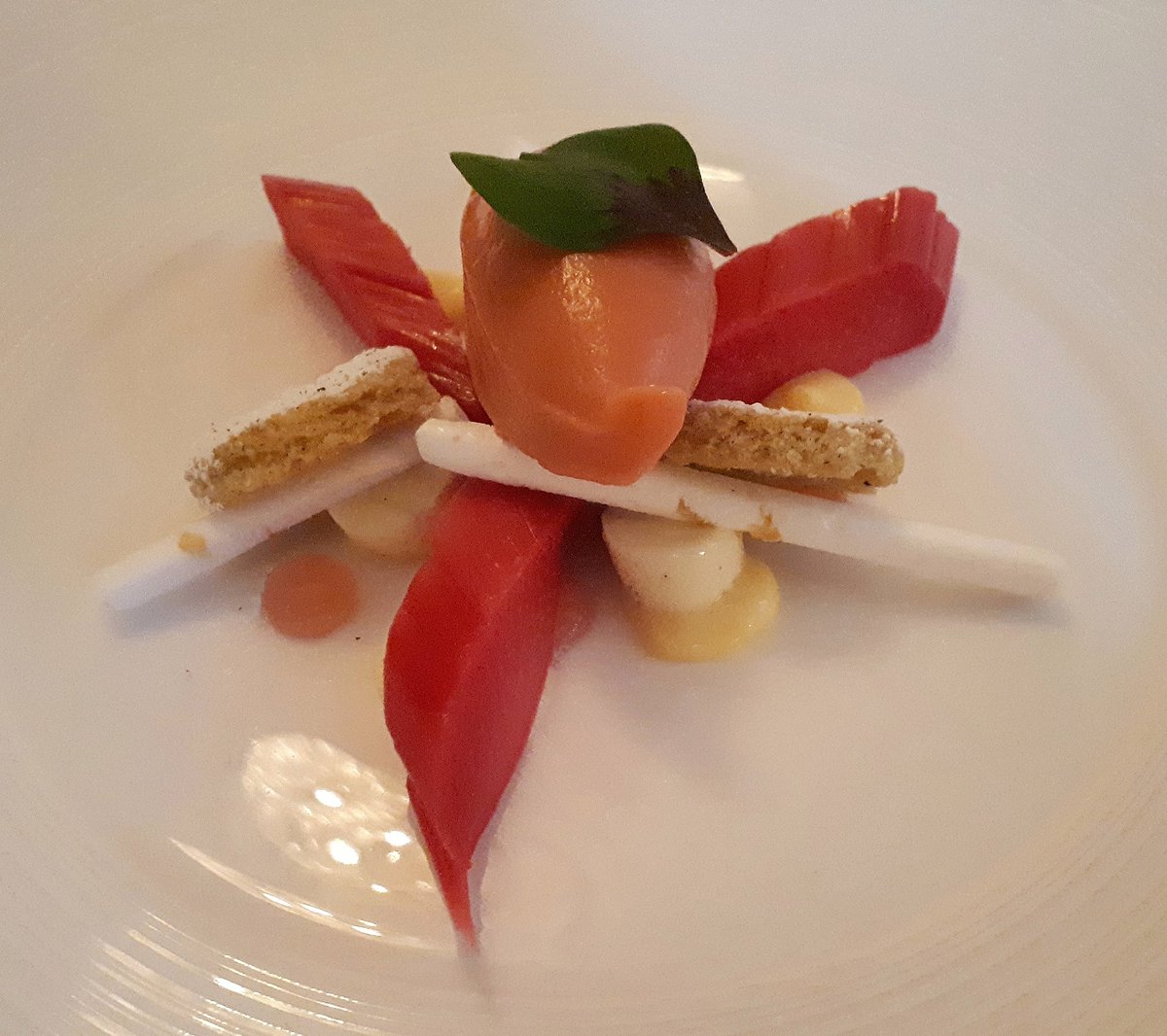 'Mother': celeriac, yolk, apple, date 
John Dory, lettuce gazpacho, oyster 
&amp; Poached rhubarb, saffron custard, Jasmine tea sable
– not forgetting the signature chicken butter with my super crispy sourdough boule
@AHChelseaLDN