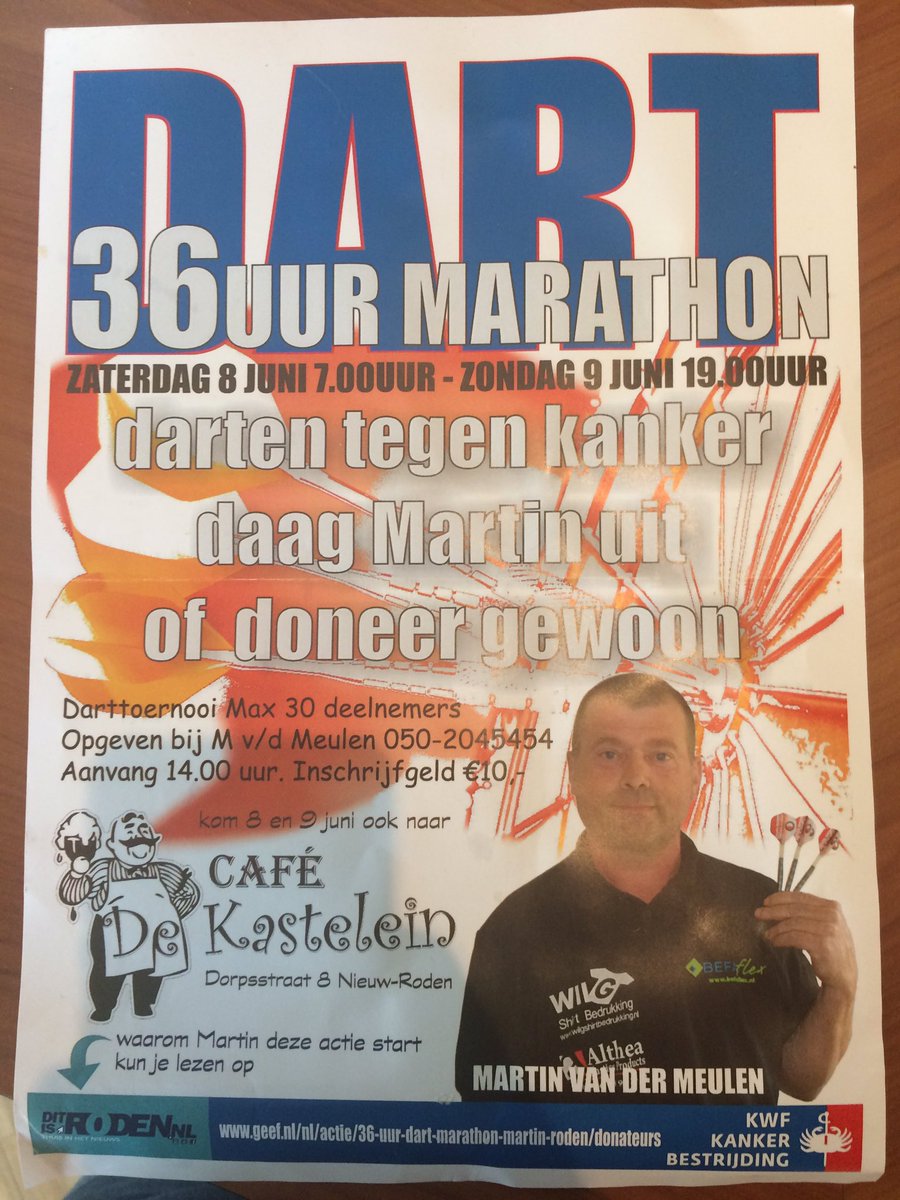 RodenLeeft's tweet photo. Kom zaterdagnacht 8 juni darten voor KWF en steun Martin van der Meulen 👍🎯🎯🎯🎯🎯

@ditisRODENnl @Alexwekema @roderjournaal @OverRTVDrenthe @RodenLeeft @CafedeKastelein https://t.co/mcJNVKLvdx