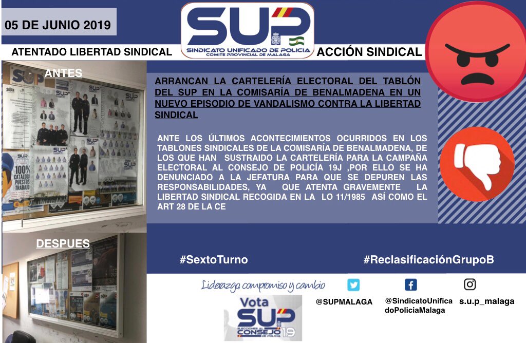 SUPMALAGA's tweet photo. Se vuelve a repetir la historia,esta vez en los tablones del #SUP en #TorremolinosBenalmadena,😡Nuevo ❌atentado a la libertad sindical. #Basta ya de ataques al #SUP! 👎😔Somos compañer@s
Decide q modelo de policía quieres!
#40AñosConquistandoDerechos
#VotaSUP https://t.co/L8Ezyetav3