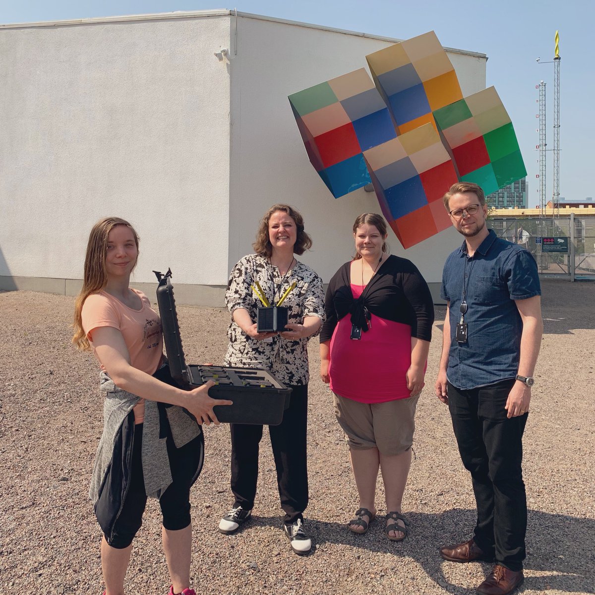 kitsatellite's tweet photo. Super important day today:  our first delivery of the satellites! These 5 units went to @Heurekafi - fabulous people who have helped us enormously in development of our #educational #satellite! #stem #space #science #fun #thankyou @esabicfinland https://t.co/8k5pgbioLc