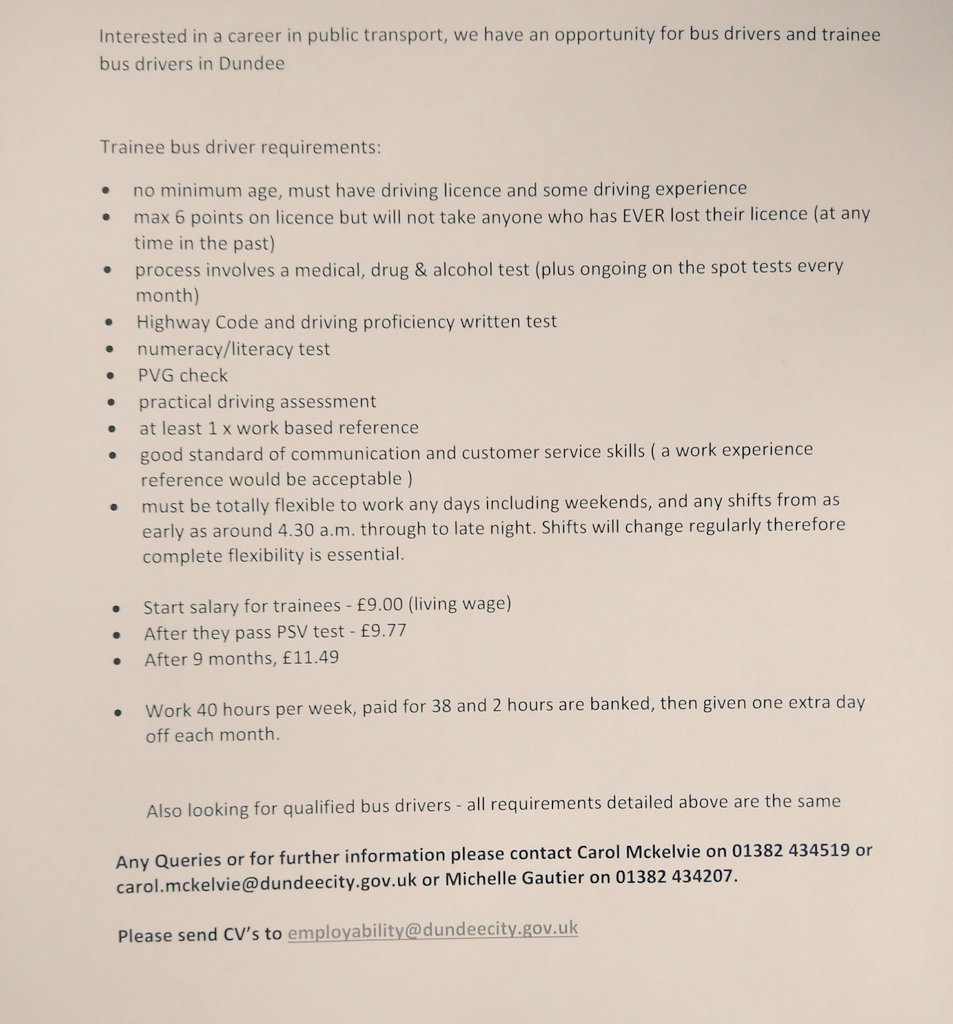 DundeeEmploy's tweet photo. Interested in a career in public transport, we have an opportunity for bus drivers and trainee bus drivers in Dundee. Please see below for full information. Contact us for an application form. Closing date for CV &amp; application forms 14 June #esif #getdundeeworking https://t.co/4DQn138F1w