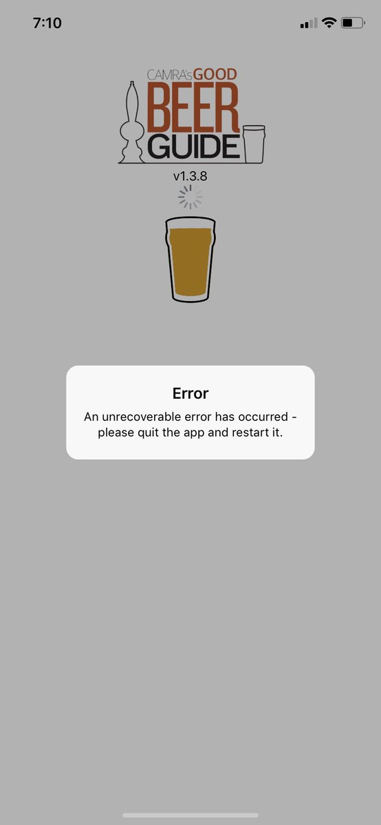 Has anyone else got this message when updating thier <a href="/CAMRA_Official/">CAMRA</a> Good Beer Guide App on a iPhone? App is locked out and yes I have deleted / turn the phone on &amp; off! Any ideas? #gbg #gbf2019 #beer #camra