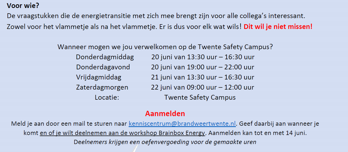 IFVChallengeTe1's tweet photo. Brandweer Twente organiseert eind juni een event over verschillende vormen van nieuwe energie(opslag) en indicentbestrijding met betrekking tot de energietransitie. Check de uitnodiging en kom ook! Iedereen is welkom! #energietransiatie #brandweer #kennisdelen https://t.co/dLusfexZCw