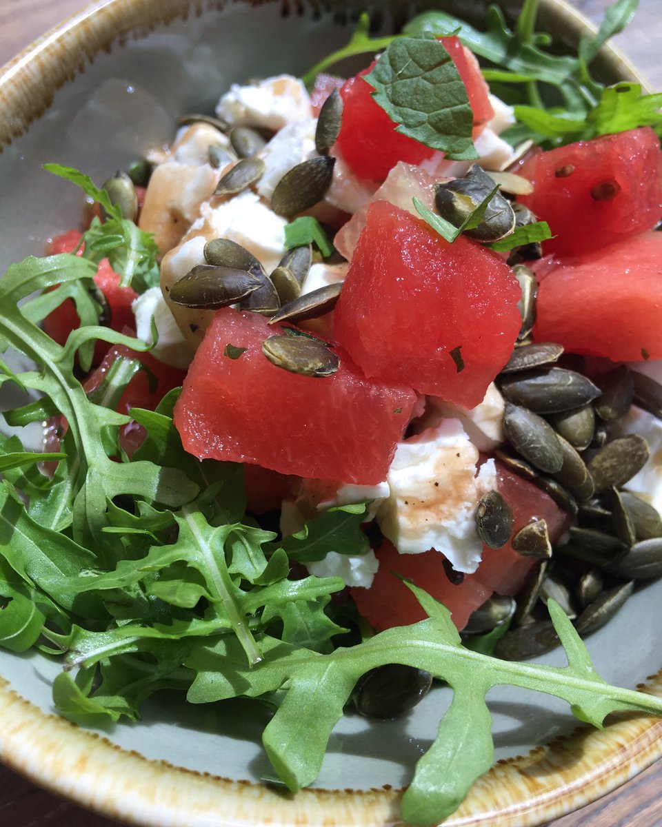 This weeks salad bowl is watermelon, mint and feta with balsamic vinaigrette dressing and toasted pumpkin seeds on a bed of rocket.