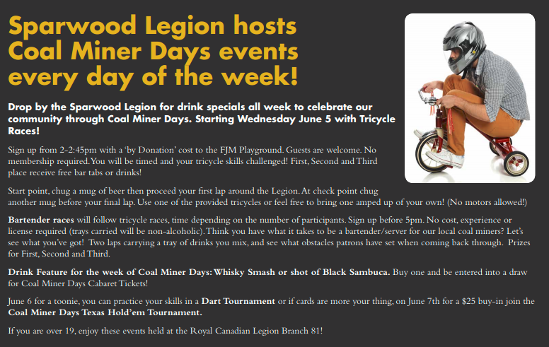 #CMD2019 Free swim tonight 6:30 - 8 pm at the Leisure Centre! If you're 19+, drop by the Sparwood Legion this afternoon for the Tricycle and Bartender Races! Should be entertaining! 

Don't forget to pick up your Pin and Cabaret ticket. More info at ow.ly/HFdH50urYrt