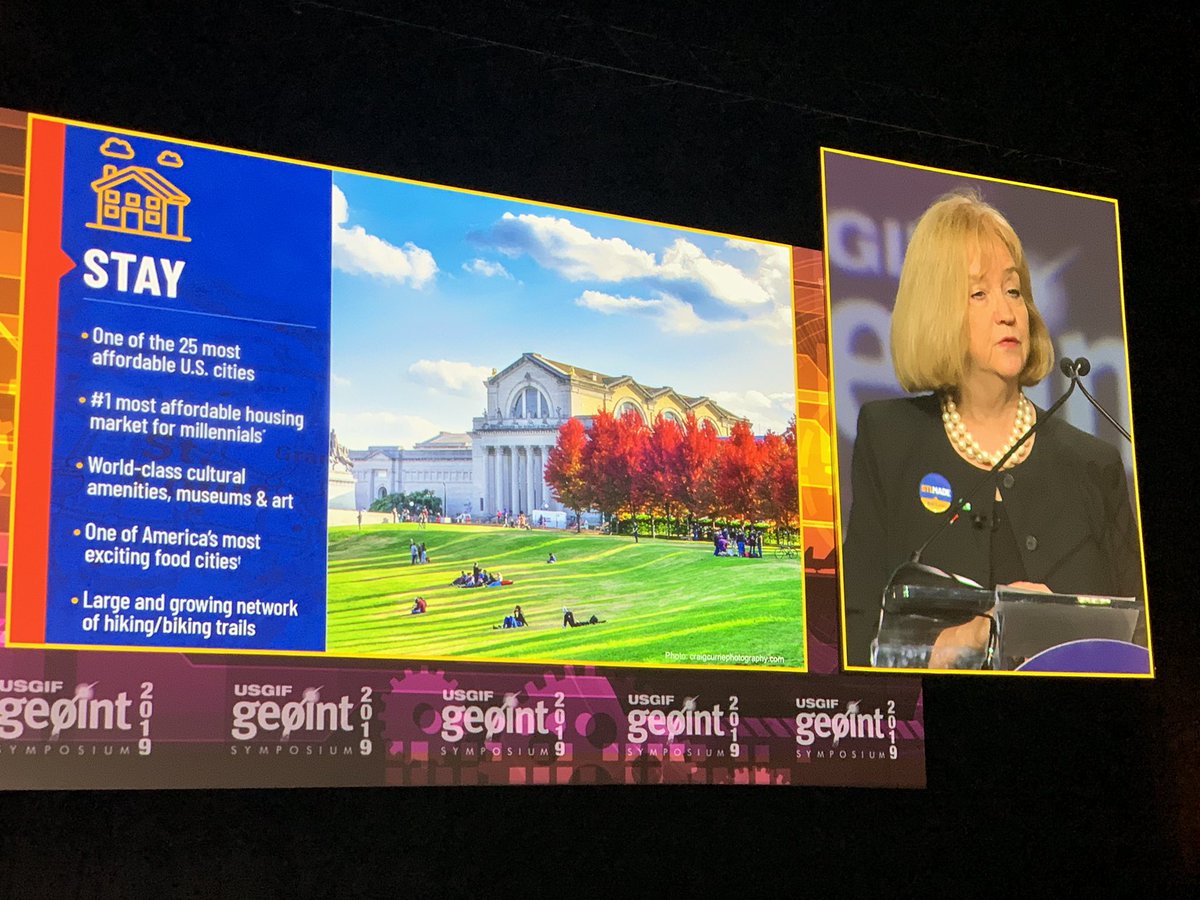“Our entrepreneurs, businesses, universities, civic and public leaders are united in purpose to be the leading hub of #geospatial #technology.  Join us in #STL where you can startup, stand out, and stay.” - Mayor <a href="/LydaKrewson/">Lyda Krewson</a> at <a href="/GEOINTsymposium/">GEOINT Symposium</a> 2019