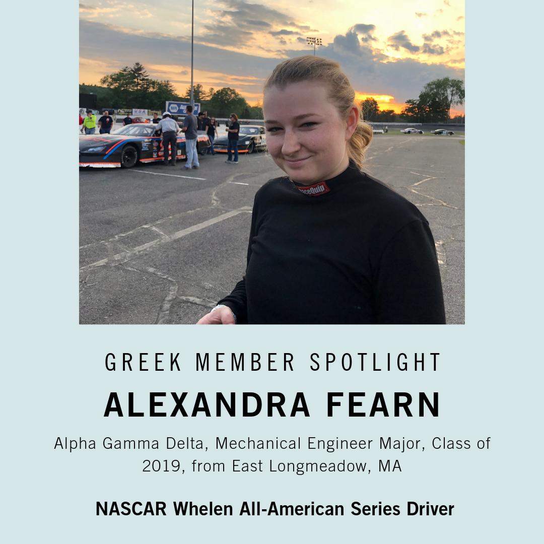 Greek Member Spotlight, Alumna Alexandra Fearn, <a href="/alphagammadelta/">Alpha Gamma Delta</a> Alexandra is a race car driver in the NASCAR Whelen All-American series, only woman in the series, and the most winningest female of this decade. Congratulations Alexandra! #RPIGreekLife #AlphaGammaDelta