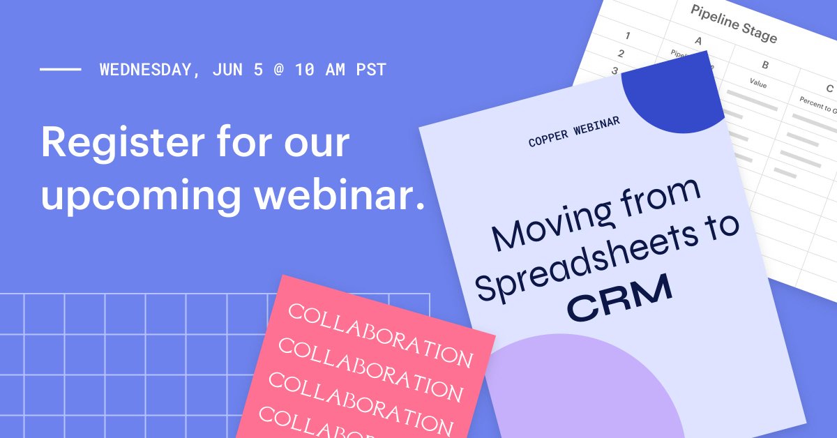 CopperInc's tweet image. Today at 10am PT, we're going to say "so long, spreadsheets, hello, crm!"

If you've been teetering on the fence to make the crm jump, now has never been a better time.

Save your #CopperWebinar seat: bit.ly/2EPIxWu
