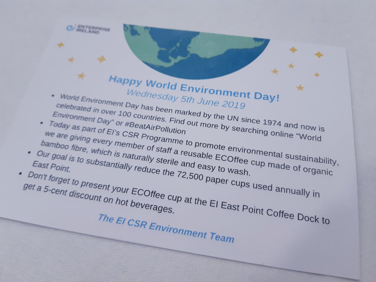 JoanneCSheahan's tweet photo. The @CCCampaign_Irl ECOffee cup fairy came to @Entirl last night, leaving a reusable cup on every desk for staff this morning + info on @UNEnvironment #WorldEnvironmentDay #BeatAirPollution Big THANK YOU @kruddock @foeireland for coming to talk about #recycling also #binsorted https://t.co/OzXBCEjCa7