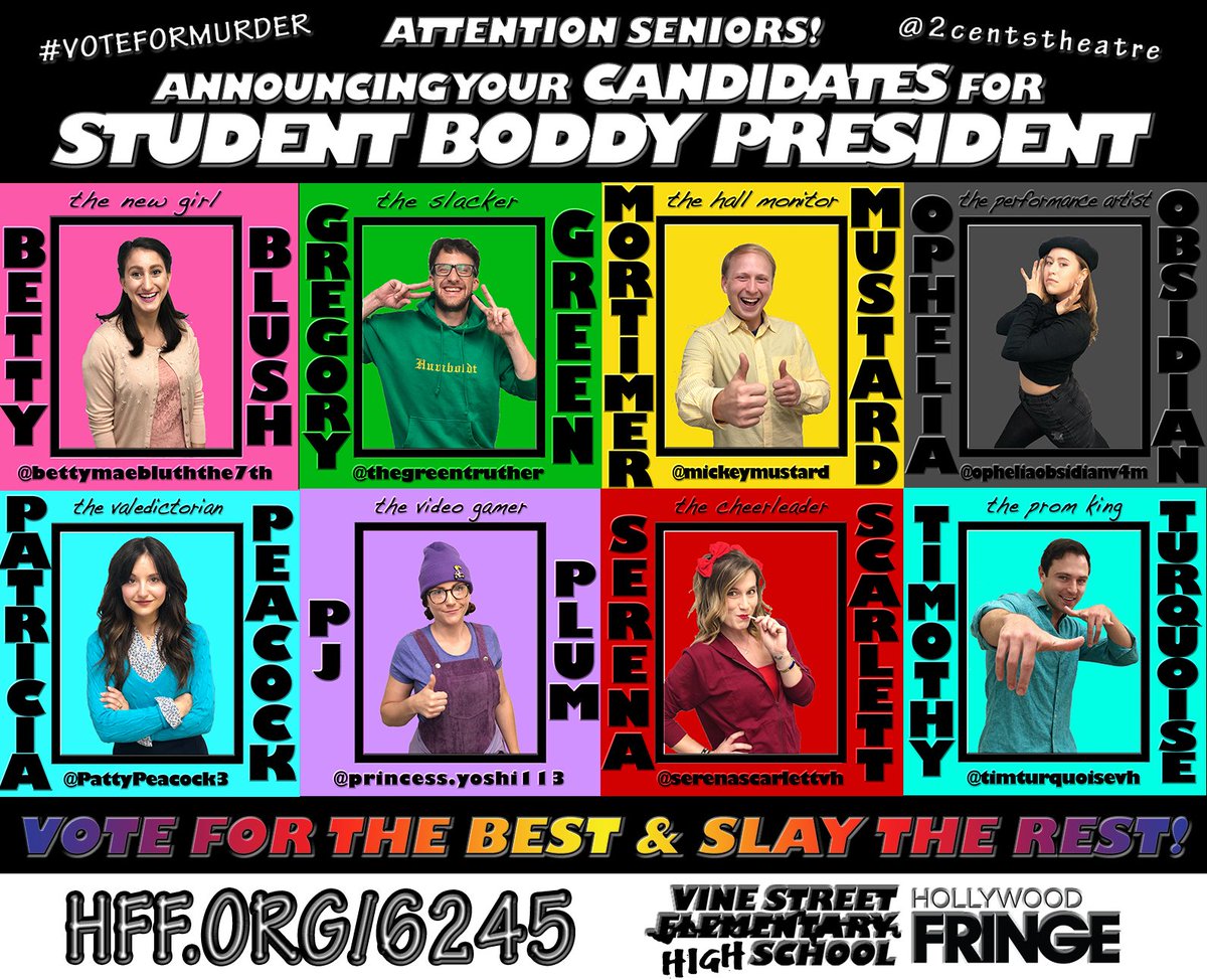 PattyPeacock3's tweet photo. Now that you know who you should and shouldn't vote for, here's a poster with everyone's picture so you can put a face to the name. 

Oh and if you're coming to office hours we'll be there discussing our campaign platforms.

#hff19 #voteformurder https://t.co/LZz9tdLG8R