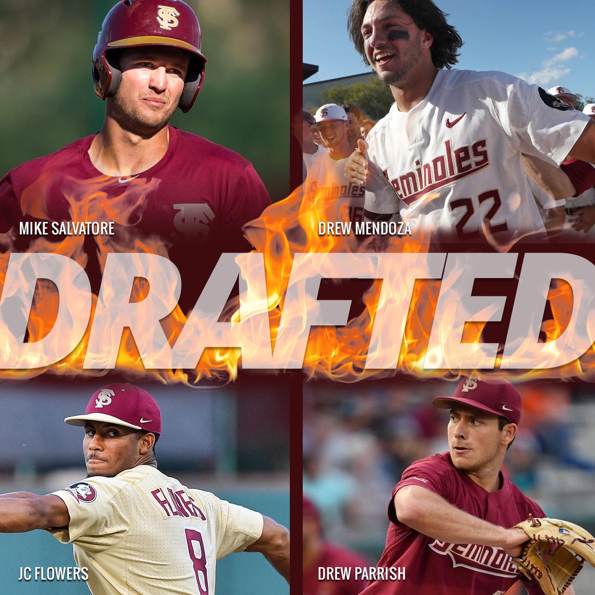 garnetandgold's tweet photo. The @MLB draft is over, and 4️⃣ Noles are headed to the big show!! Big shout out and CONGRATS @FSUBaseball players 🎉 Drew Mendoza @Nationals , JC Flowers @Pirates , Drew Parish @Royals , and Mike Salvatore @Mariners 🔥⚾️🍢. >>–– GO NOLES ;;–>#OnceaNole #AlwaysaNole #NoleforLife https://t.co/gjo8fp1ZfQ
