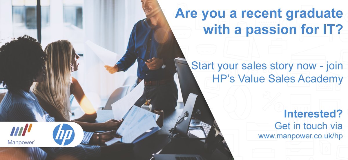 ManpowerUKtoday's tweet photo. Are you a recent grad with a passion for IT? 

Start your sales career with HP's Value Sales Academy: https://t.co/32Gd6V1KD3 https://t.co/fuwQKfXwiZ