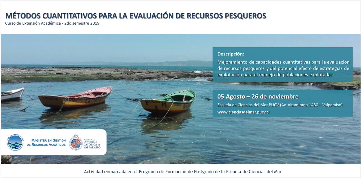 Ya están abiertas las inscripciones para el curso Métodos cuantitativos para la evaluación de recursos pesqueros, impartido por el Magíster en Gestión de Recursos Acuáticos de la Escuela de Ciencias del Mar.

+ Info cienciasdelmar.pucv.cl/evento/curso-m…