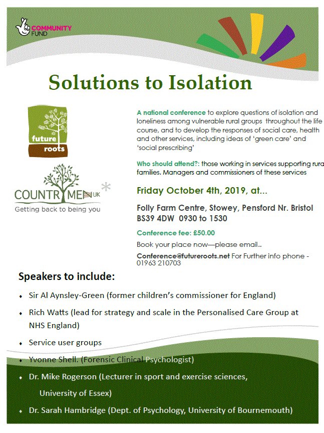 Save the date! Conference exploring solutions to isolation &amp; loneliness among vulnerable rural groups. Discuss how #greencare &amp; #socialprescribing can help. 4th October 2019 <a href="/follyfarmcentre/">Folly Farm Centre</a> organised by <a href="/FutureRootsNet/">Future Roots</a> &amp; <a href="/Countrymenuk1/">Countrymenuk</a>