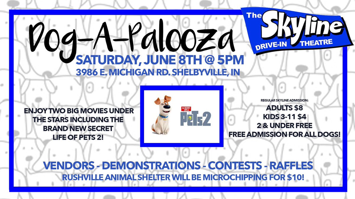 Stop by The Skyline Drive-In Theatre this Saturday, June 8th for a movie with your canine friend! #rushvilleanimalshelter #movienight