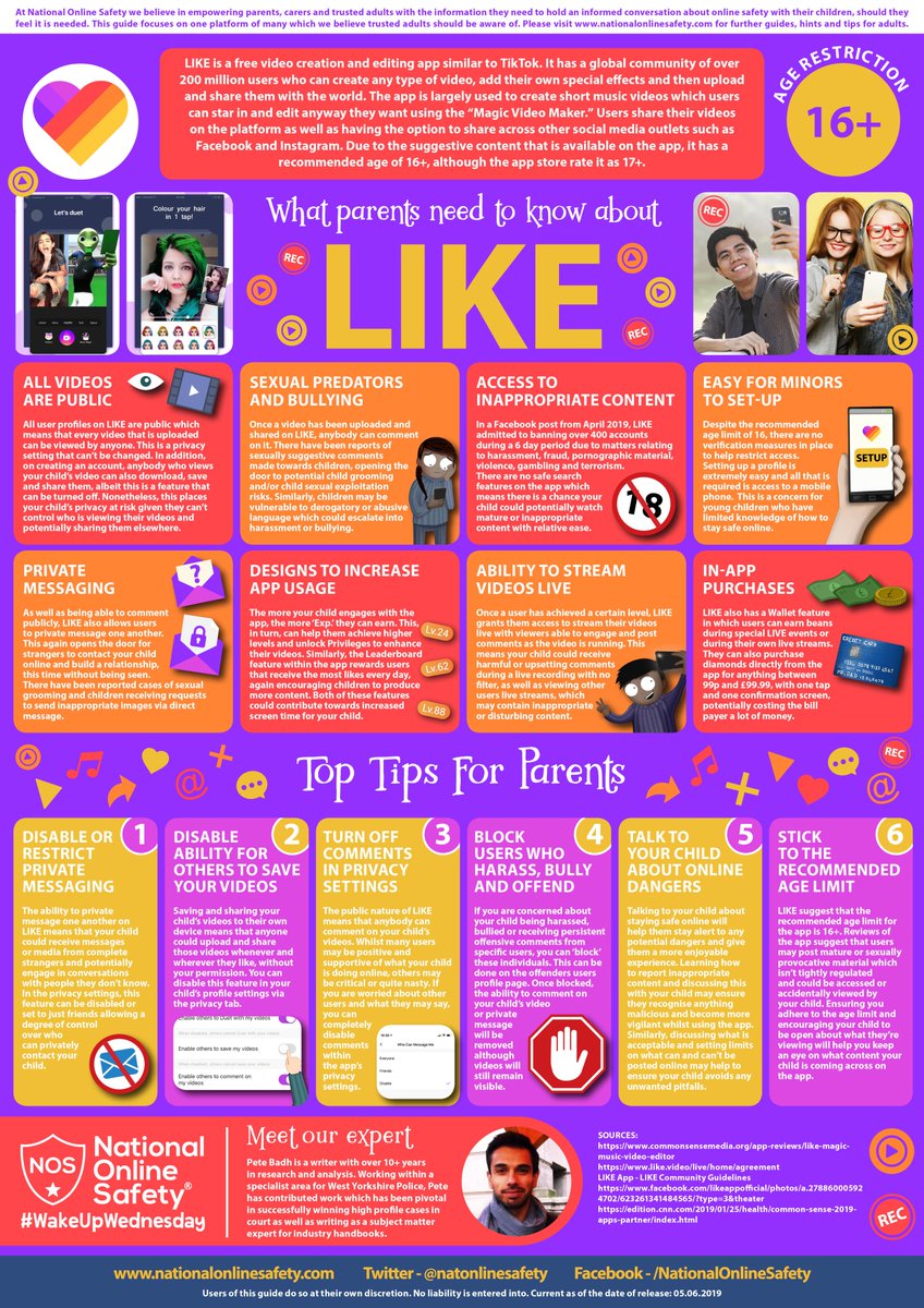 'Like' this?👍 This #WakeUpWednesday we're talking about 'Like' (soon to be called 'Likee') the free video creation and editing app that has a global community of over 200 million users. HD Version: nationalonlinesafety.com/resources/wake… #onlinesafety