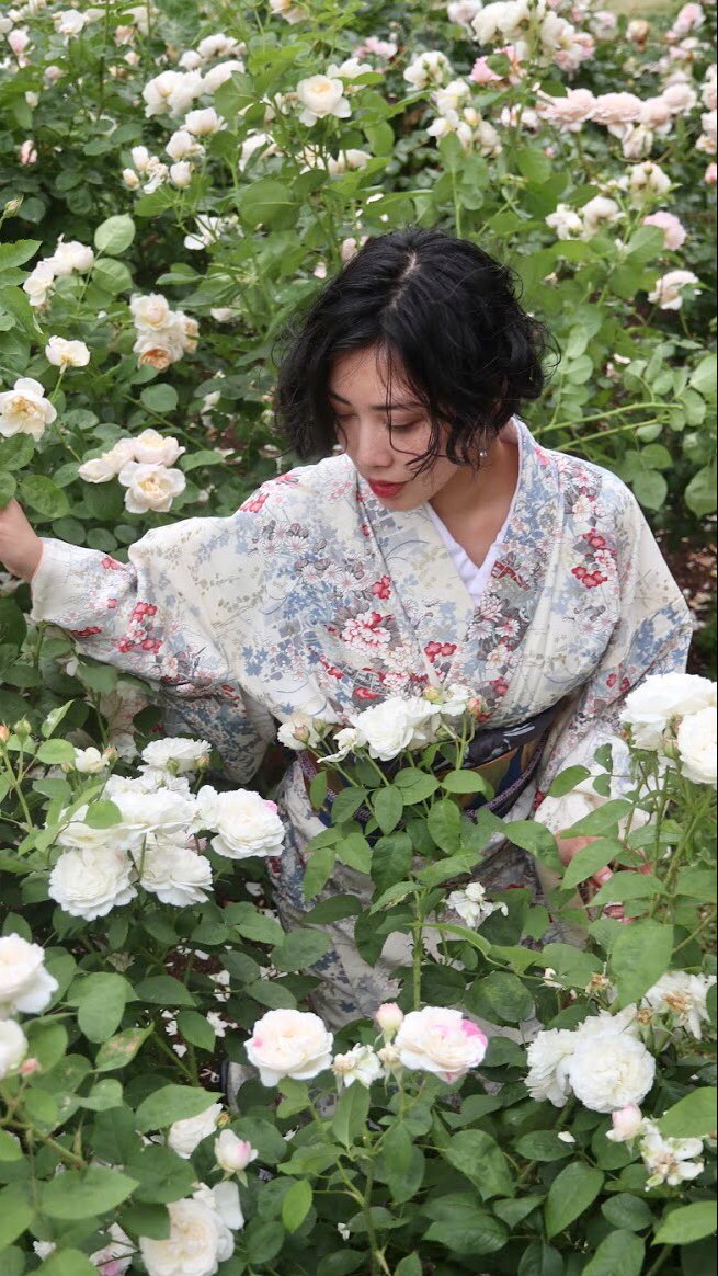 アサ Maria ジェンダーフリーな被写体 大阪 薔薇園 靱公園 凛とした白薔薇に囲われて 撮影 Outlawridersta ポートレート 写真好きな人と繋がりたい 被写体 被写体モデル 万博公園 着物 薔薇 靱公園 薔薇園