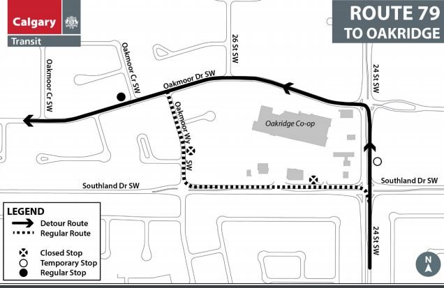 calgarytransit's tweet photo. #CTRiders the following routes have some detours due to paving in the Oakridge area:  #Route16 #Route79 #Route80 #Route84. Please use the following link for more details: https://t.co/rEKqfdcmfp. Maps below. https://t.co/foV9XZxZYL
