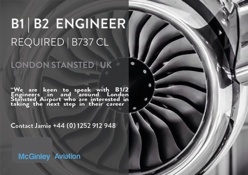 intlMCG's tweet photo. We are hiring for B1 &amp; B2 Engineers for our client based in London.

Get in touch with Jamie for more information or to send your application:

jamie.janner@mcginleyaviation.com 
#B1 #B2 #aviationengineer #aviationjobs https://t.co/cuBFw0WhwL