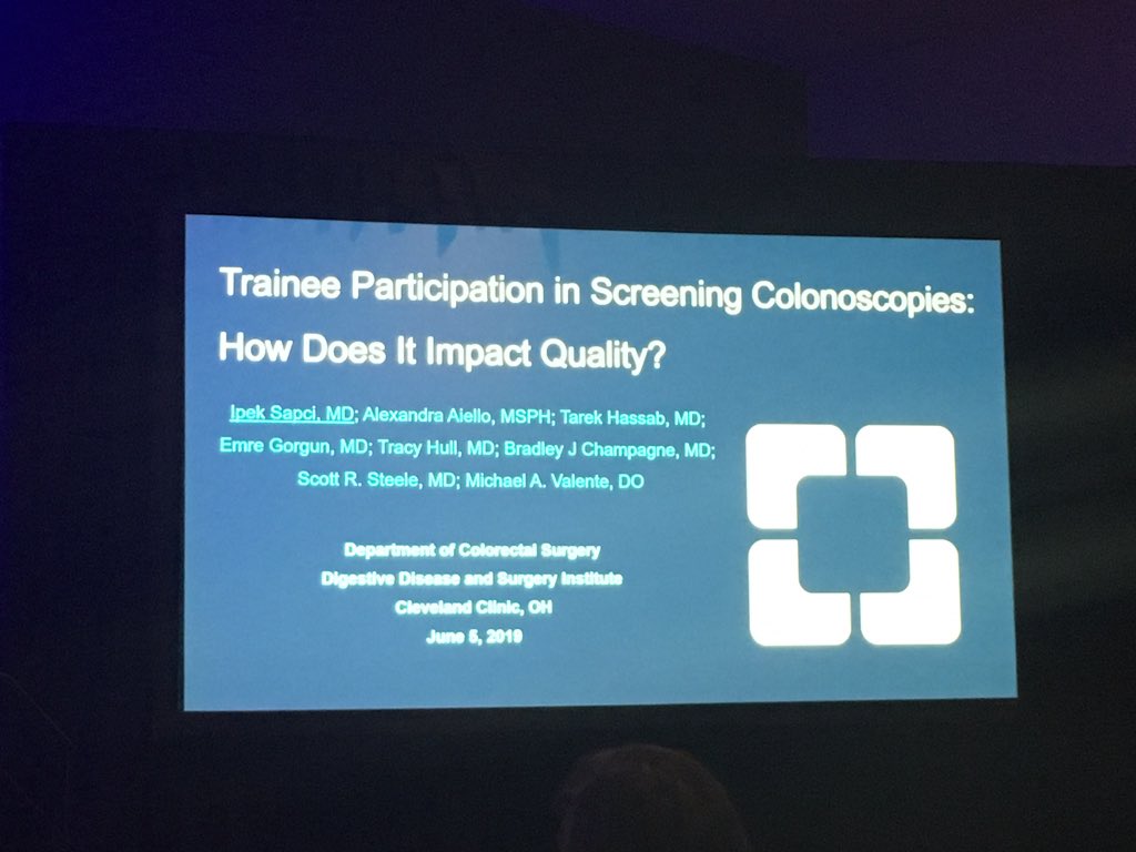 DrMikeValente's tweet photo. Ipek Sapci giving a phenomenal podium at #ASCRS19 looking at quality and safety of CRS fellows performing colonoscopy.  Great job!!  @ScottRSteeleMD @drtracyhull @EmreGorgunMD @BradChampagne1 @ipek_sapci https://t.co/hpa1U22wVw