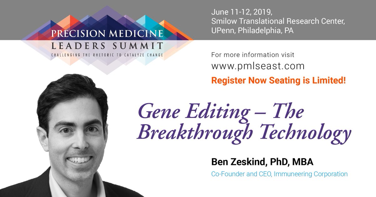 One week from today Immuneering Co-Founder and CEO <a href="/BenZeskind/">Ben Zeskind</a> will take part in a panel at the Precision Medicine Leaders Summit in #Philadelphia - don't miss it! #pmlseast #precisionmedicine #geneediting pmlseast.com