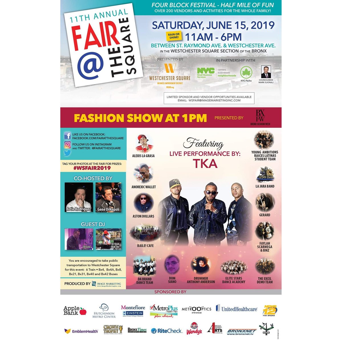 FairAtTheSquare's tweet image. Join us on Sat., June 15th from 11am-6pm along E. Tremont Ave between Westchester Ave and Silver St. for this fun filled community event in the Bronx! #WSFair2019 #WSBID @FeverRecords @WSBID @MarkGjonajNY @Metro_Optics @ImageEvents @Cappytann @MontefioreNYC @HutchMetro @Wendys