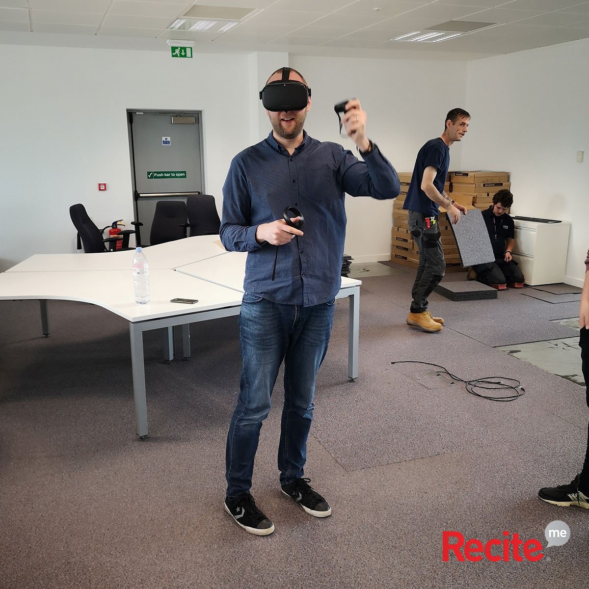reciteme's tweet photo. @RossLinnett &amp; @andysyson from the @reciteme team are testing out the latest VR tech in the office today. Boys will be boys... https://t.co/jtOUUKFDfC