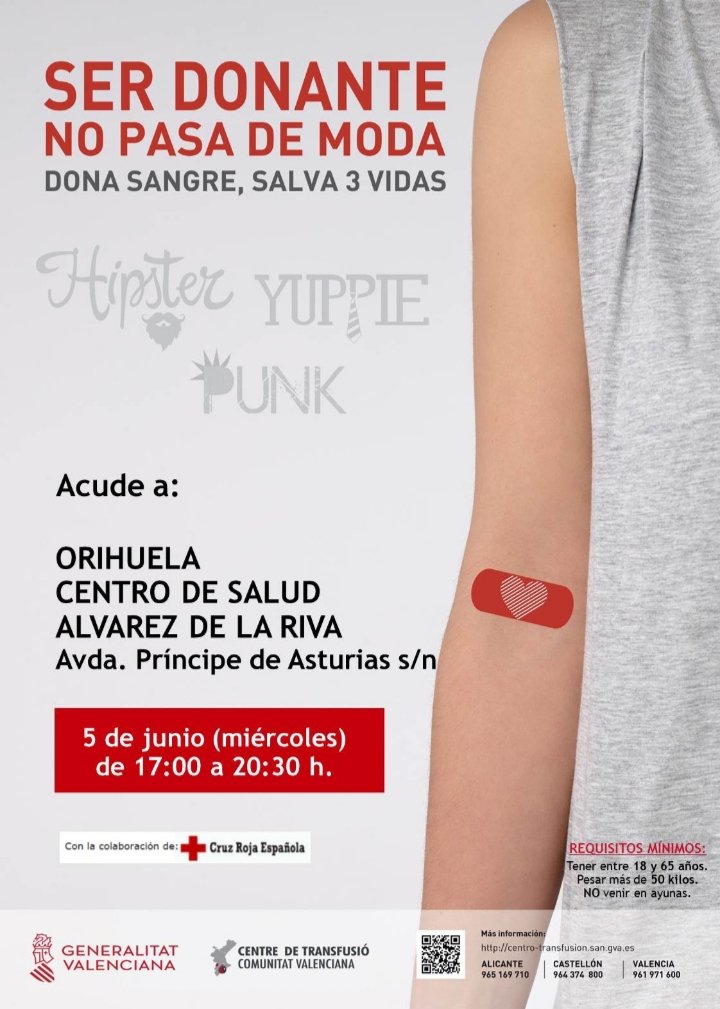 cr_orihuela's tweet photo. #Orihuela| Donación de sangre hoy miércoles en el Centro de Salud Álvarez de la Riva de 17:00 a 20:30 horas. Ser donante no pasa de moda ¡#DonaSangre, salvar vidas depende de ti! @GVAdonasang @GVAhOrihuela @AytoOrihuela https://t.co/W4g0EnzTwR