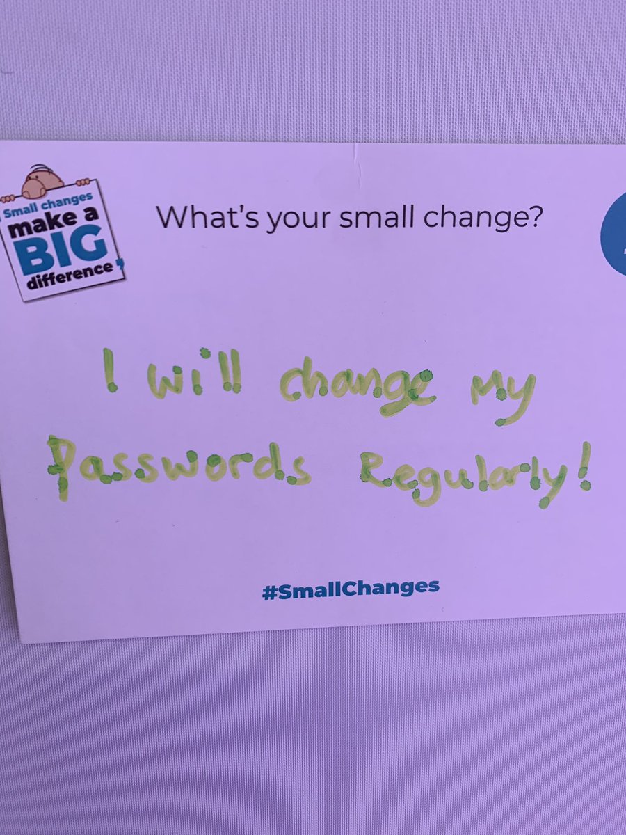 JordanBobsB's tweet photo. ‘I will change my password regularly’
What’s your #smallchange?

#cybersecurity #cyberaware #trainwithbob #infosec19 https://t.co/fPcUcQBXIu