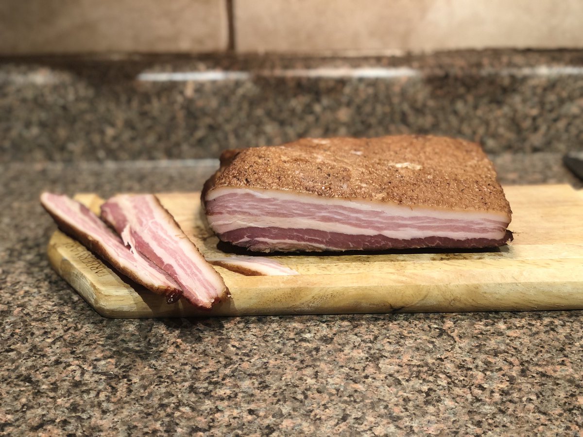 DAWeatherford's tweet photo. Finished product.  Homemade bacon.  (ZERO turkeys were harmed during this process...) https://t.co/pfPDeK0ScS