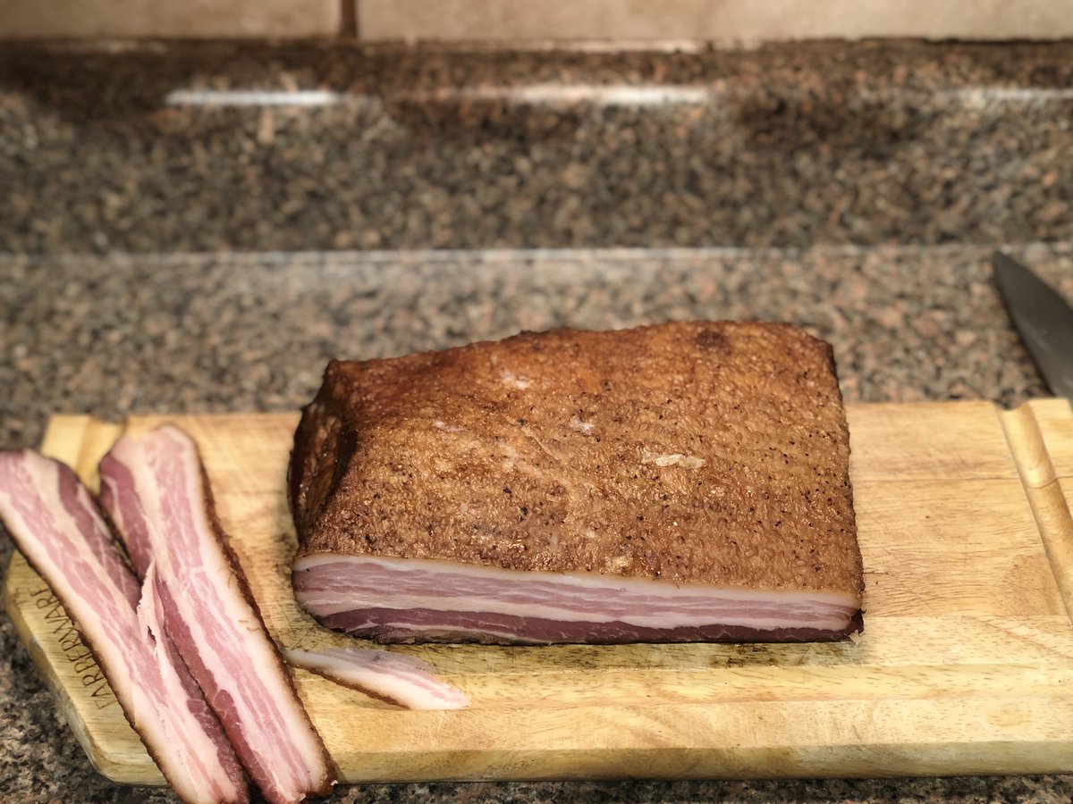 DAWeatherford's tweet photo. Finished product.  Homemade bacon.  (ZERO turkeys were harmed during this process...) https://t.co/pfPDeK0ScS