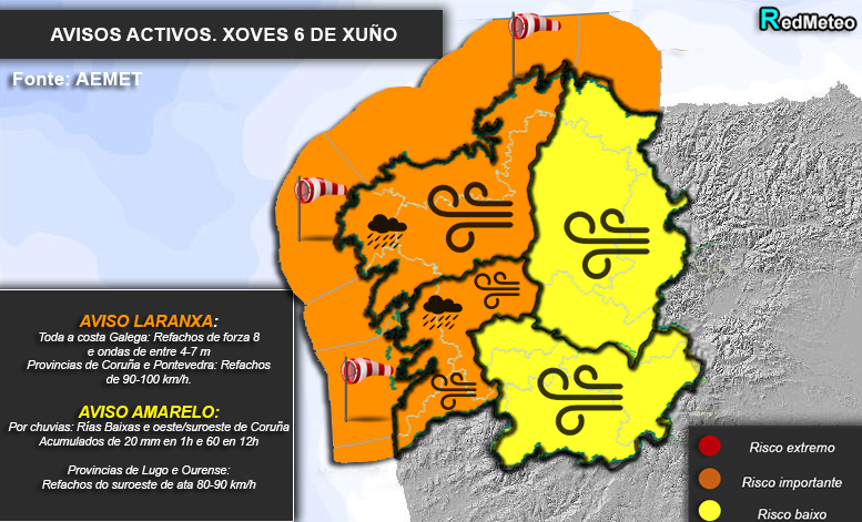RedmeteoP's tweet image. (⚠) O MAPA DE AVISOS recién actualizados por AEMET semella de pleno Inverno. Xoves de fortes ventos (AVISO LARANXA nas provincias Atlánticas por refachos de ata 100 km/h), toda a costa Galega tamén en aviso laranxa e chuvias intensas, especialmente en CO e PO. 

Xoves de INVERNO